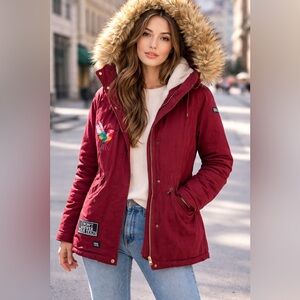 Burgundy Parka with Faux Fur and Bird Embroidery